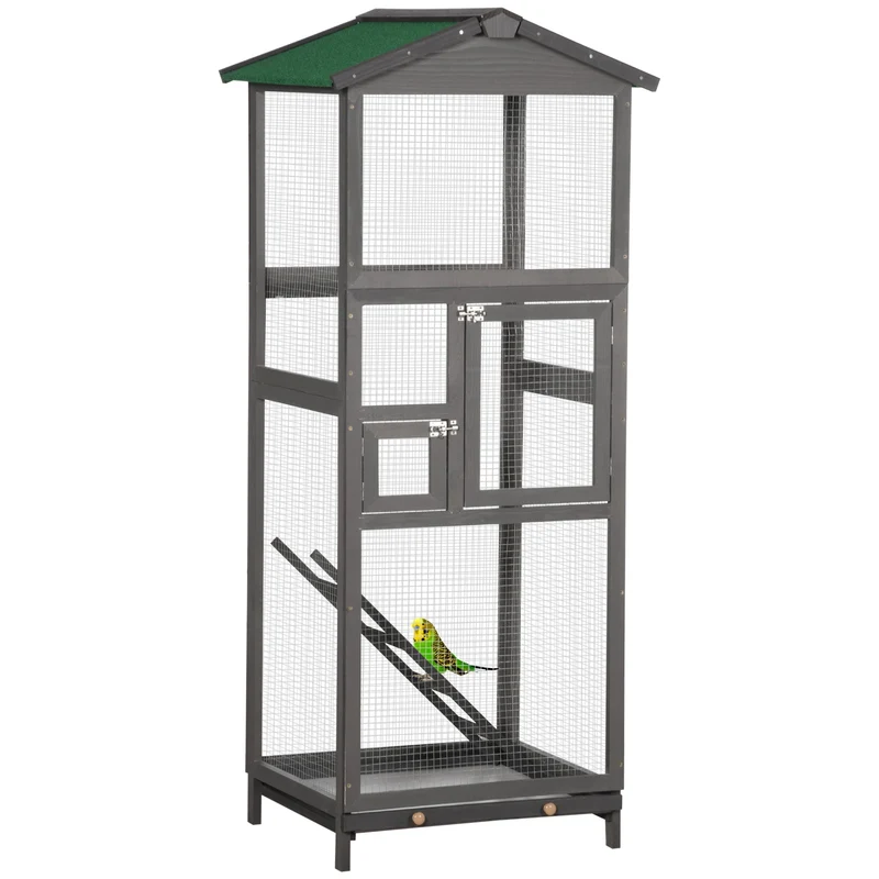 Gabbia per Uccelli Voliera Alta da Esterno 68x63x165 cm 2 Porte e Vassoio Estraibile in Legno Grigio Chiaro