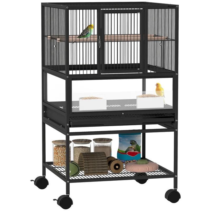 Gabbia per Uccelli 48x46x83 cm Vassoio e Griglia Rimovibili con Ripiano Portaoggetti in Acciaio e PP Nero