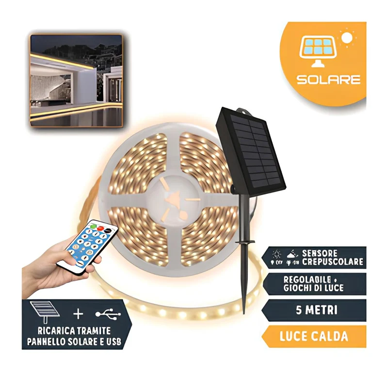 KIT STRISCIA LED PANNELLO SOLARE LUCE CALDA 5 M