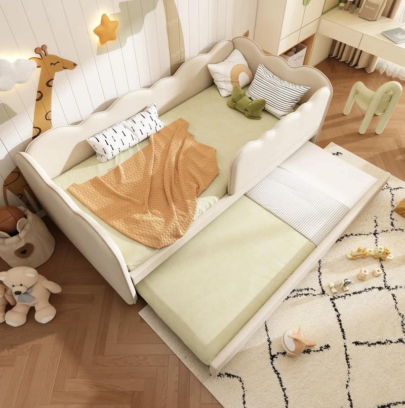 Letto per bambini a forma di nuvola 90x190 cm con letto estraibile; beige in lino