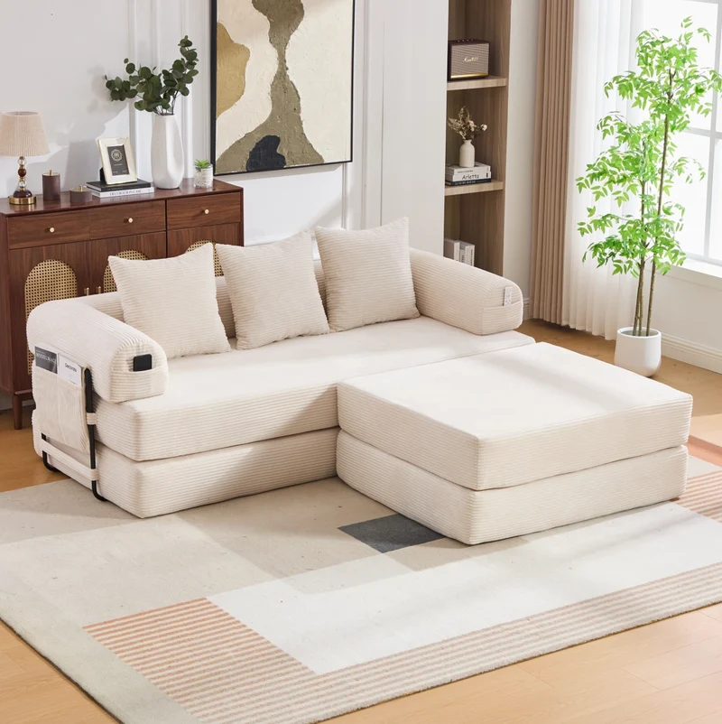 Divano modulare in corduroy beige con struttura in metallo; tasca laterale e 3 cuscini; 200 x 190 x 67 cm