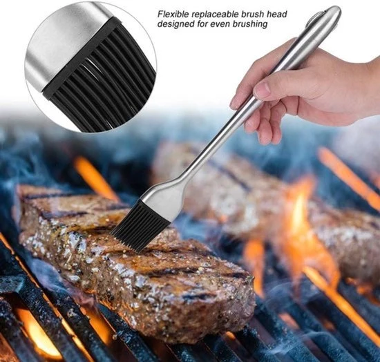 Spazzola per olio - Manico in acciaio inossidabile - Testa in silicone - Spazzola per cottura - Grillatura e cottura - Adatto per barbecue - Acciaio inossidabile - Spazzola per olio nera con lunga steel