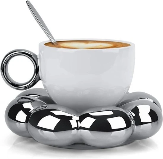Set di Ciotole per Caffè in Porcellana - Maniglia in Argento - 7 oz 200ml - Creativo - Ufficio Casa.
