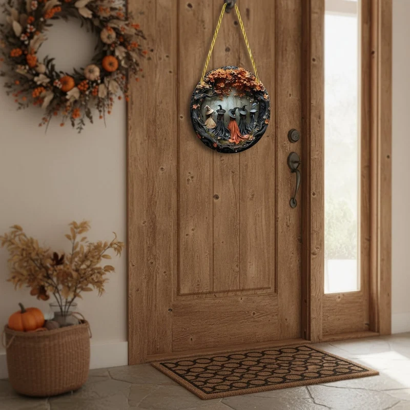 Halloween Door Decoration Hanging Sign with a Witch and Leaves Home Decor
