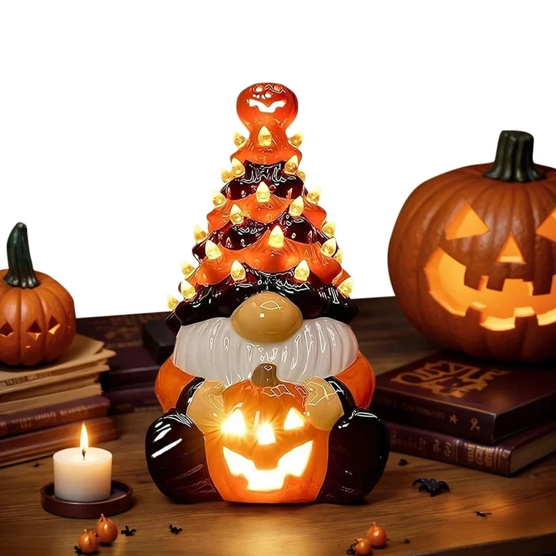 Halloween Ceramic Gnome Figurine with LED Lighting and Jack-o’-lantern