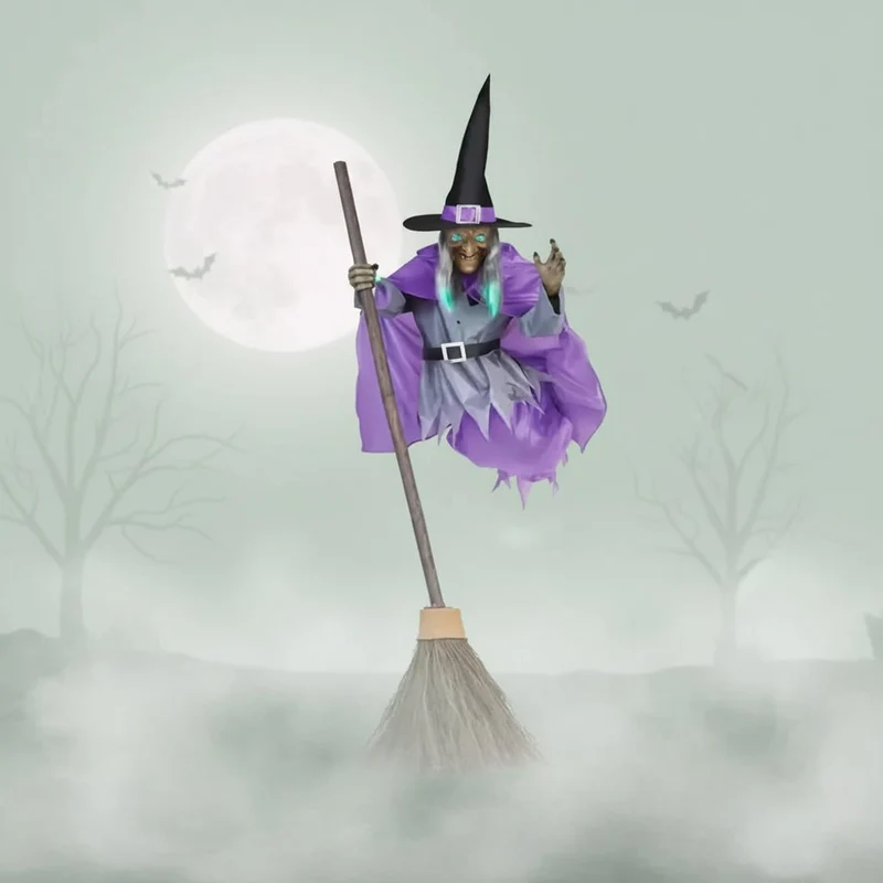 Halloween Witch on a Broom Decoration with LED Illumination and Metal Stand