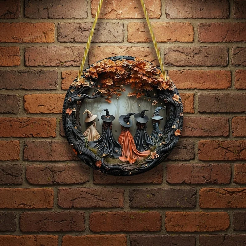 Halloween Round Wall Relief with Witches and Autumn Leaves