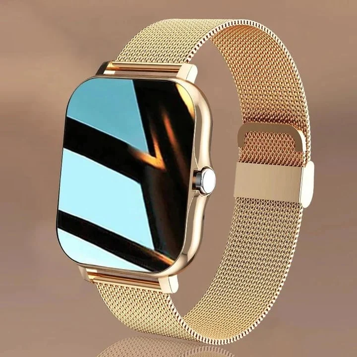 Women's smartwatch with a mesh bracelet, touchscreen, and blood pressure measurement