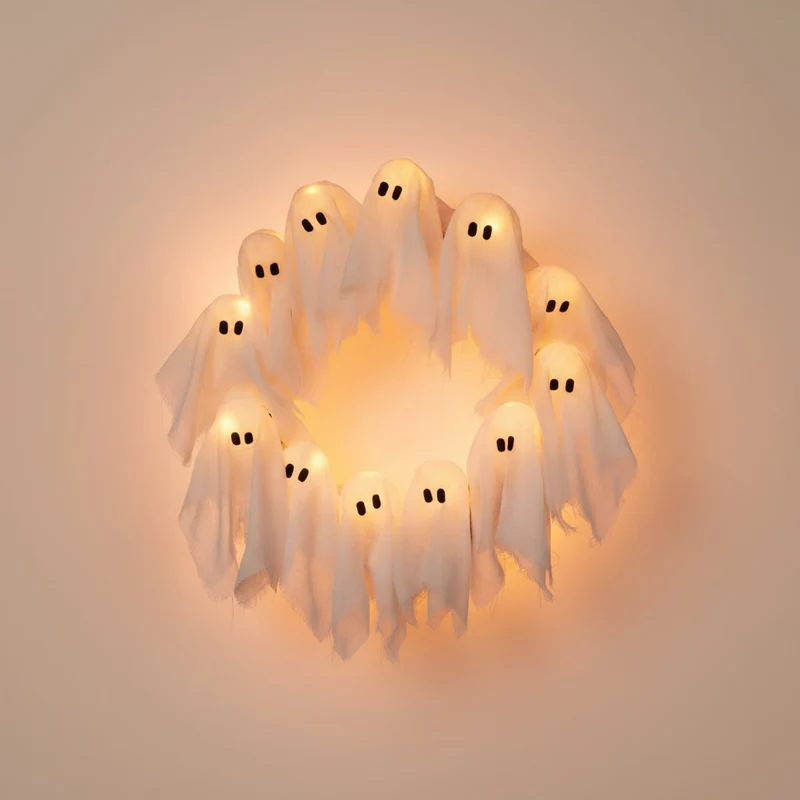 Halloween Door Wreath with Glowing LED Ghosts and Gauze