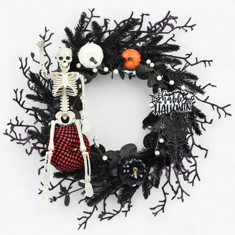 Halloween Door Wreath with Skeleton and Pumpkins, Black Decoration