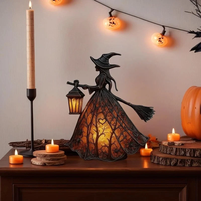 Halloween Battery-Operated Witch-Shaped Lamp with LED and Openwork Dress for Interior Decoration