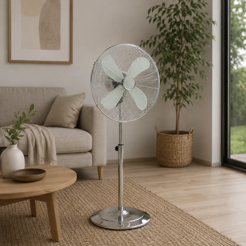 Ventilatore a piantana in acciaio cromato con 4 pale a 3 velocità con diametro 40xH140 cm