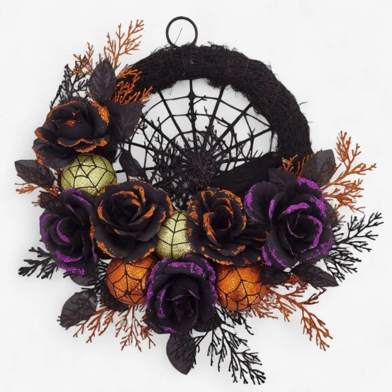 Halloween Door Wreath with Artificial Roses and Spider Web for Decoration