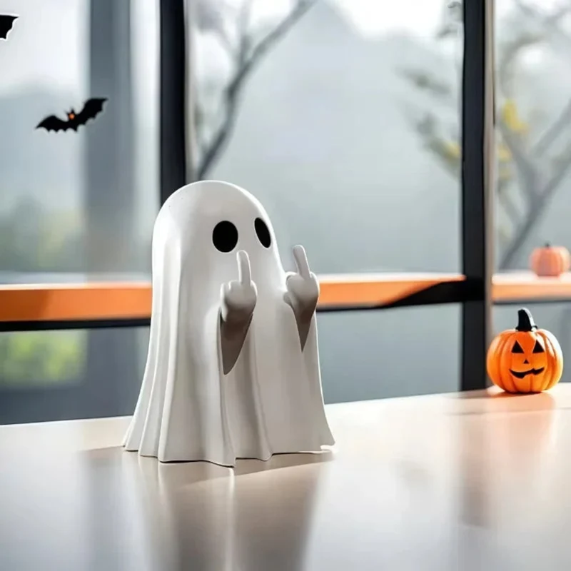 Halloween Ghost Figurine with Middle Finger Raised, Standing Decoration