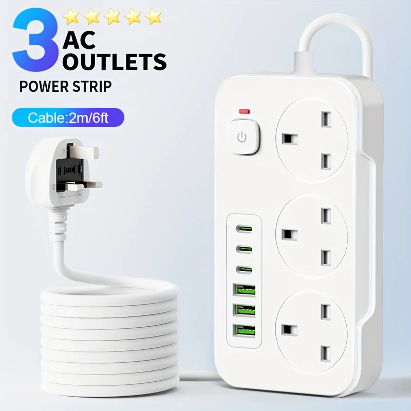 9-in-1 Power Extension Cord with 3 AC Outlets and 6 USB Ports