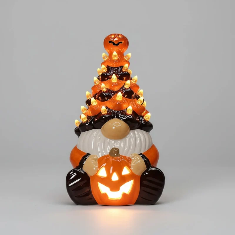Halloween glowing ceramic gnome figurine with pumpkins for decoration