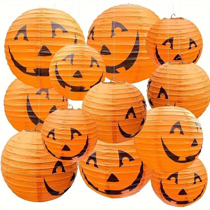 Halloween Hanging Paper Pumpkin Lanterns, Round Set of 12, Decoration for