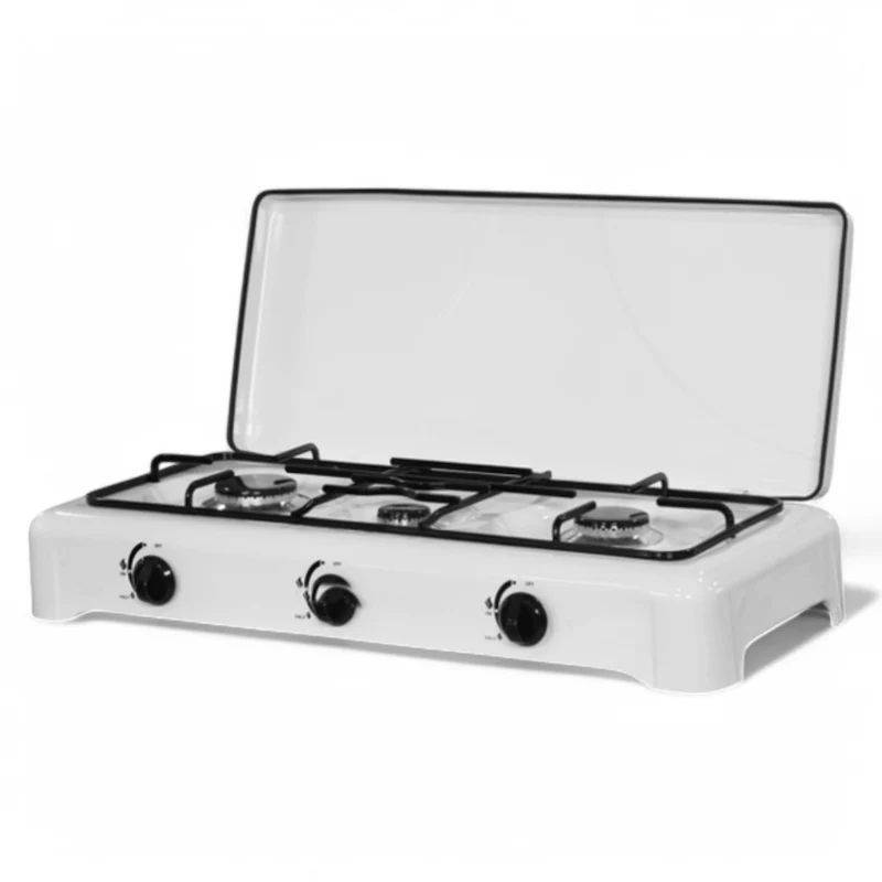 Fornello a gas in acciaio 3 fuochi con bruciatore in lega sparti fiamma e griglia 69x31x13 cm