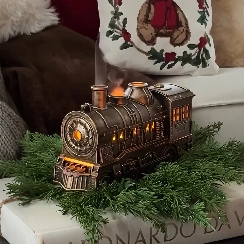 Humidifier styled like a vintage train with LED mist effect