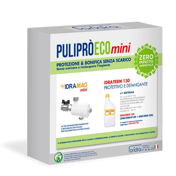 Kit Protezione Per caldaie Foridra Puliprò Eco Mini Con Defangatore Idromag Mini e Anticorrosivo Idraterm 130