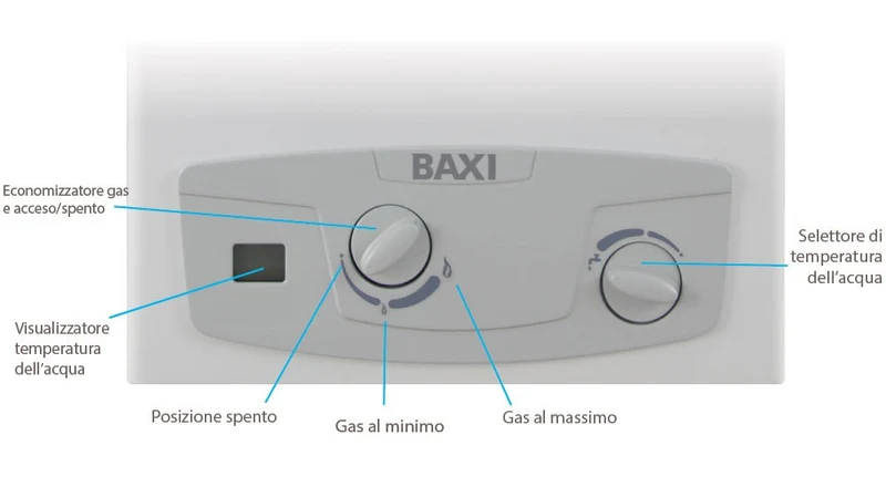 Scaldabagno a gas istantaneo camera aperta Baxi Acquaprojet + Blue 14i GPL - Cod. A7698574