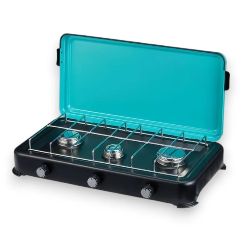 Fornello a gas portatile 3000w con 3 fuochi in acciaio per campeggio