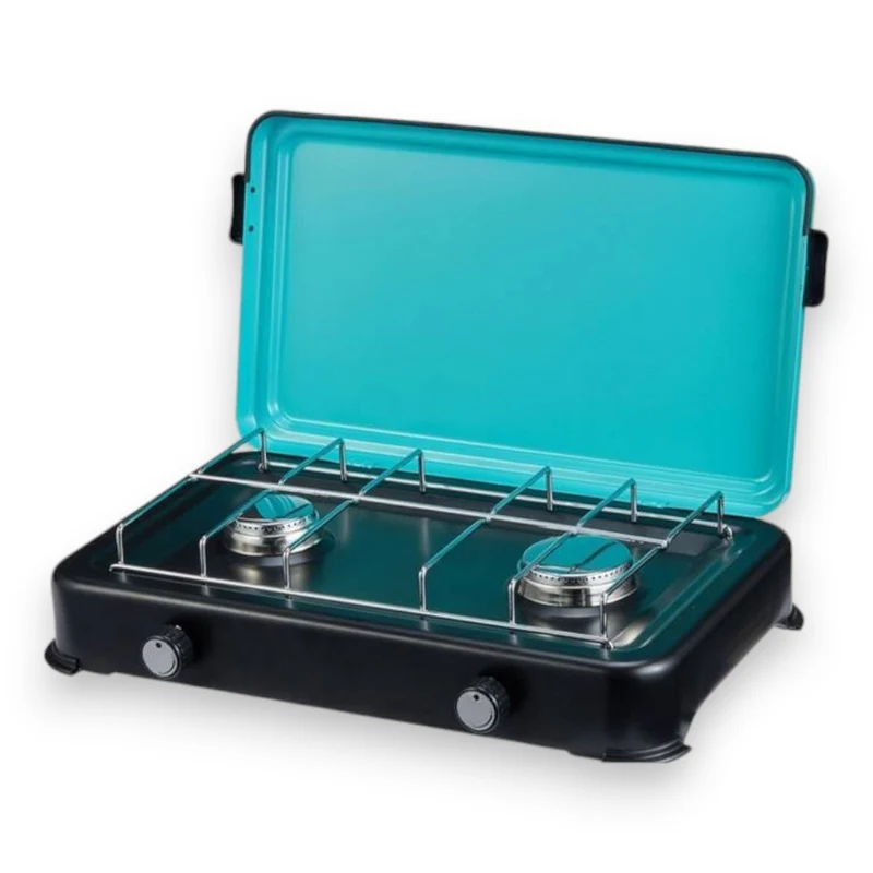 Fornello a gas portatile con 2 fuochi in acciaio per campeggio 2350w