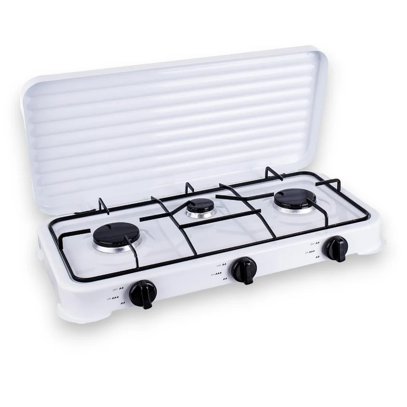 Fornello a gas a 3 fuochi con coperchio per campeggio 57x33xH10 cm