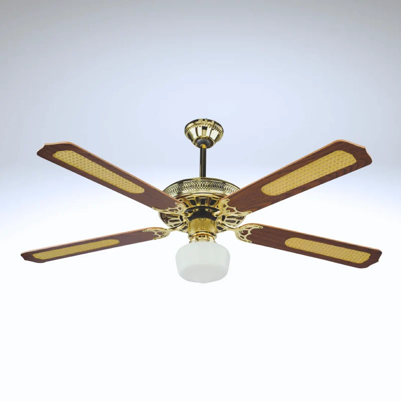 Ventilatore da soffitto con plafoniera 4 pale in legno finitura ottone e paglia diametro 130 cm