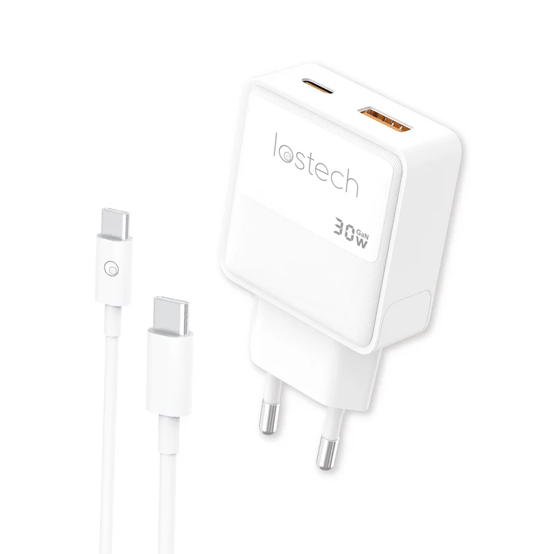 LOSTECH PREMIUM LS-NC07CC CARICATORE 30W GaN CON USB-C E USB-A + CAVO USB-C / USB-C