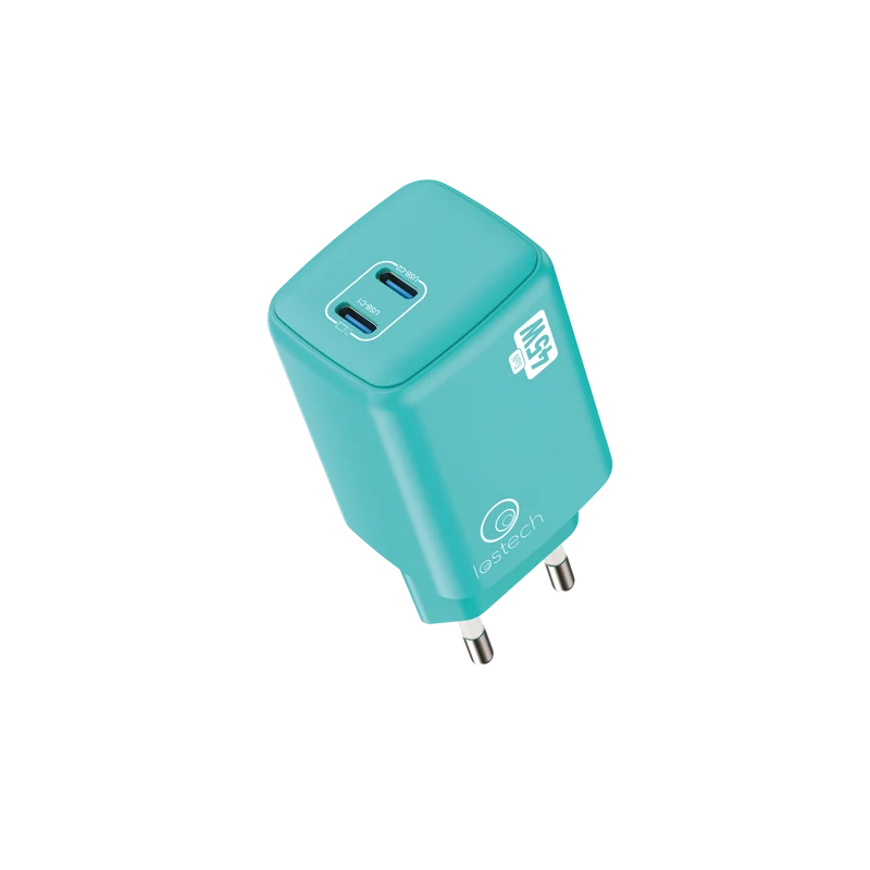 LOSTECH PREMIUM LS-NC13A CARICATORE GaN 45W DOPPIA USB-C CON CAVO USB-C / USB-C 150CM - Aquamarine Blue