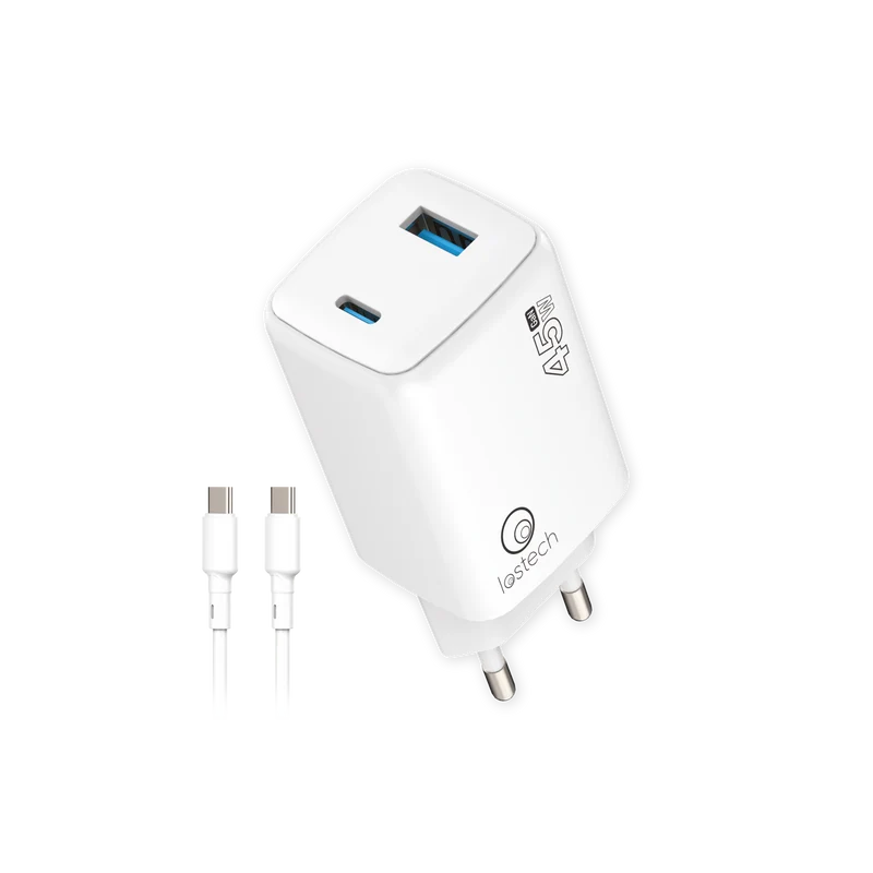 LOSTECH PREMIUM LS-NC57 CARICATORE GaN 45W CON USB-C E USB-A E CAVO USB-C/USB-C - BIANCO