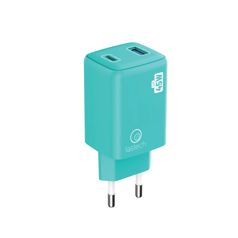 LOSTECH PREMIUM LS-NC12A CARICATORE GaN 45W USB / USB-C CON CAVO USB-C / USB-C 150CM - Aquamarine Blue