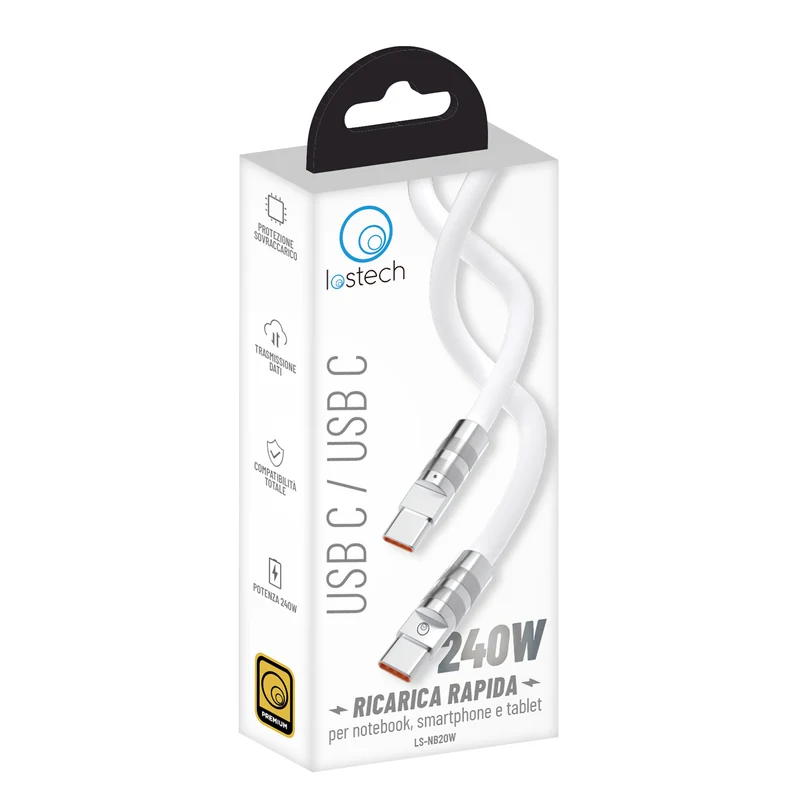 LOSTECH PREMIUM LS-NB20W CAVO USB C / USB C CON SUPPORTO FINO A 240W - RICARICA RAPIDA NOTEBOOK, SMARTPHONE E TABLET - WHITE
