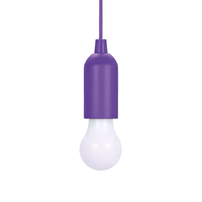 Lampadina LED Portatile TekOne con Accensione a Corda – 100 cm, Batteria AAA Viola