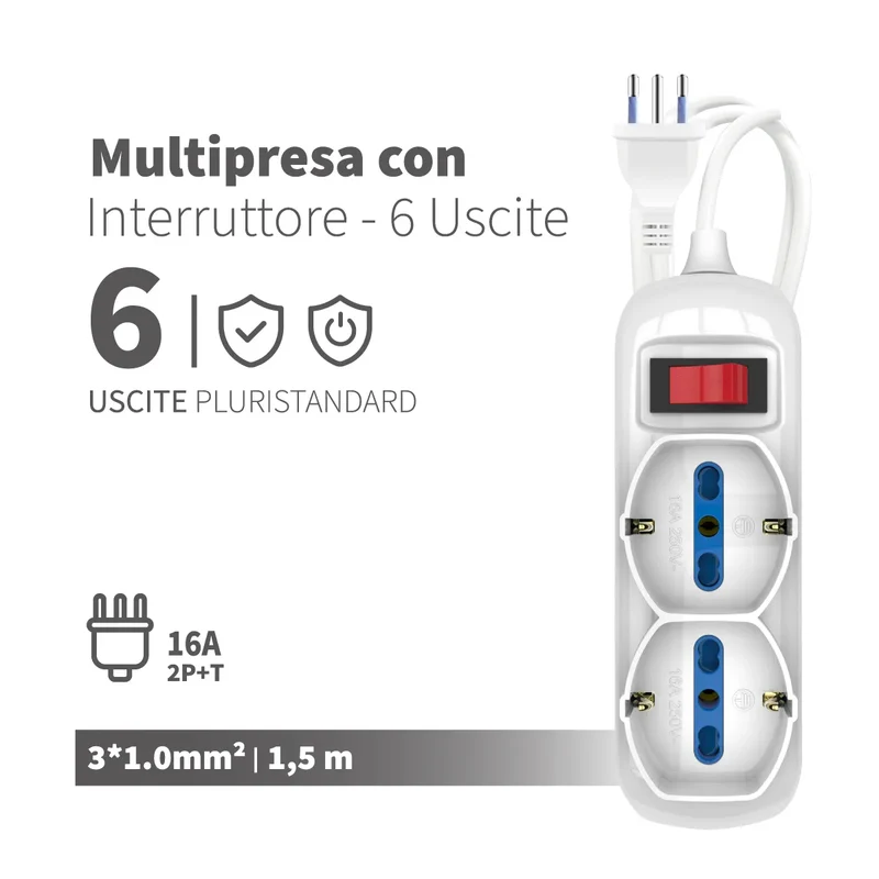 Enerwei Multipresa Pluristandard 6, 9 o 12 Uscite | Interruttore | Cavo 1,5 m