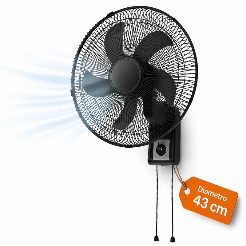 Ventilatore da Muro 43cm Nero Raffrescatore Silenzioso 3 Velocità a Parete
