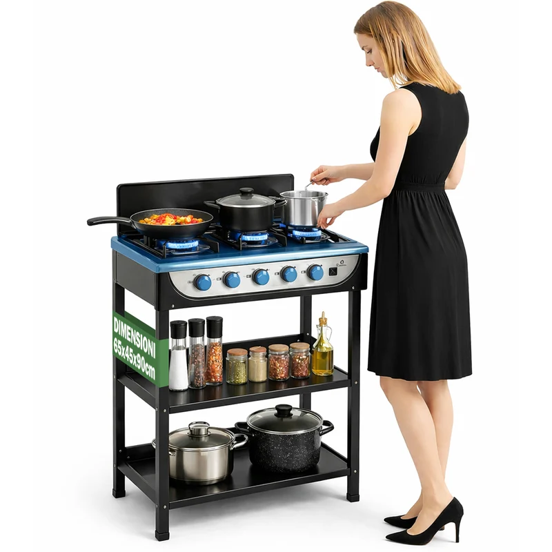 Cucina a Gas GPL 5 Fuochi da Esterno Cucinotto Portatile in Acciaio 65x45x90cm