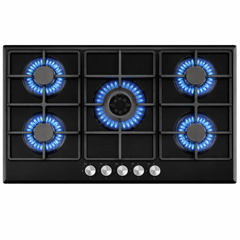 Piano Cottura 5 Fuochi Gas da Incasso 90x55cm in Acciaio Nero e Ghisa per Cucina