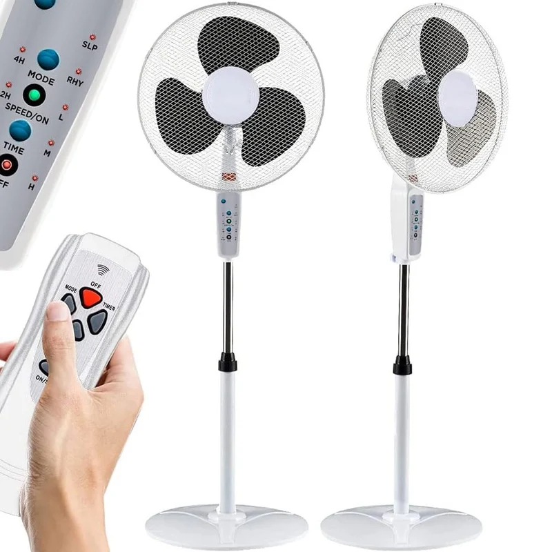 Ventilatore a Piantana Base Tonda con Telecomando 50W Bianco 3 Velocità + Timer