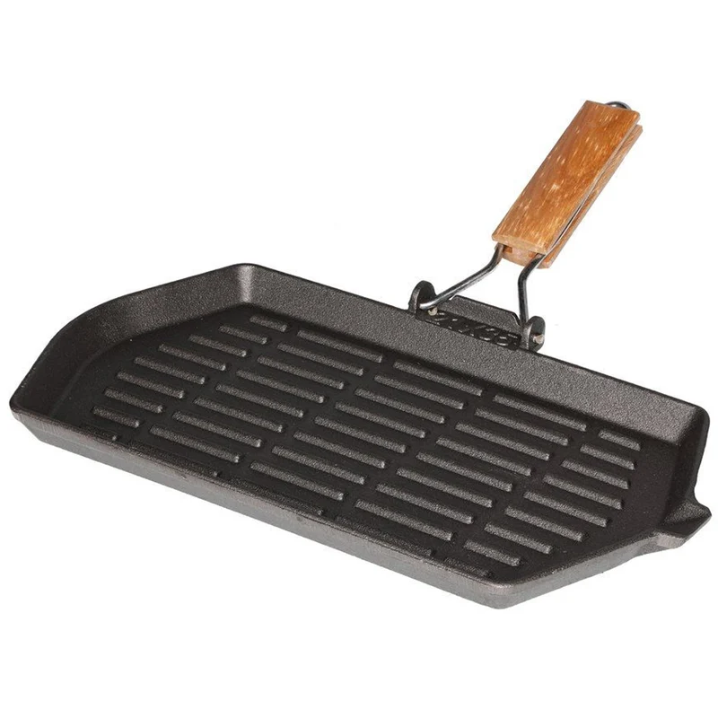 Bistecchiera in Ghisa con Manico in Legno Pieghevole Padella BBQ 35 x 21 x 8 cm