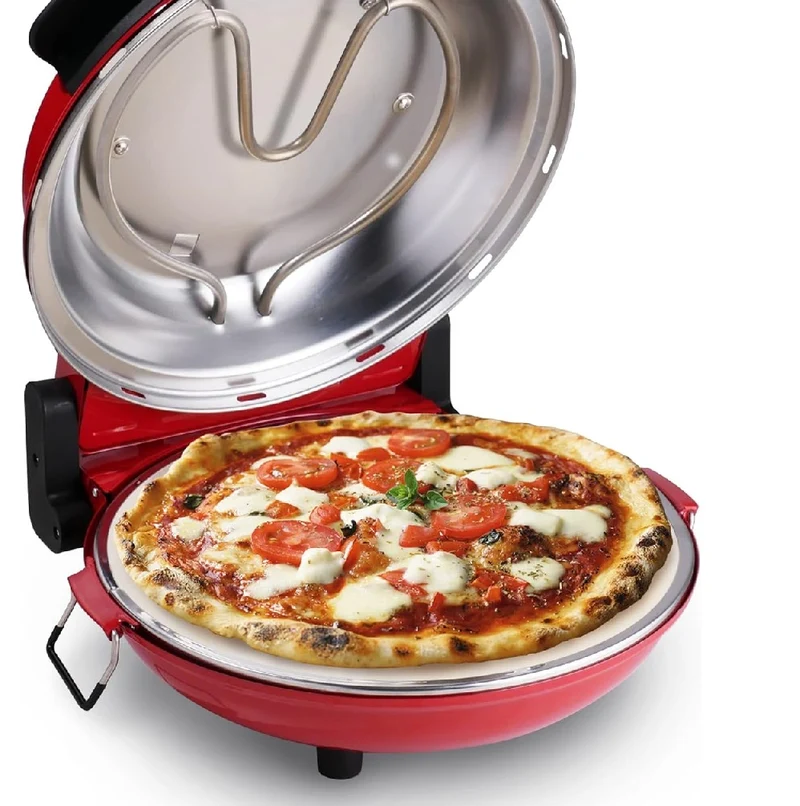 Forno per Pizza Pietra Refrattaria 1200W Timer Termostato 2Palette Legno Rosso