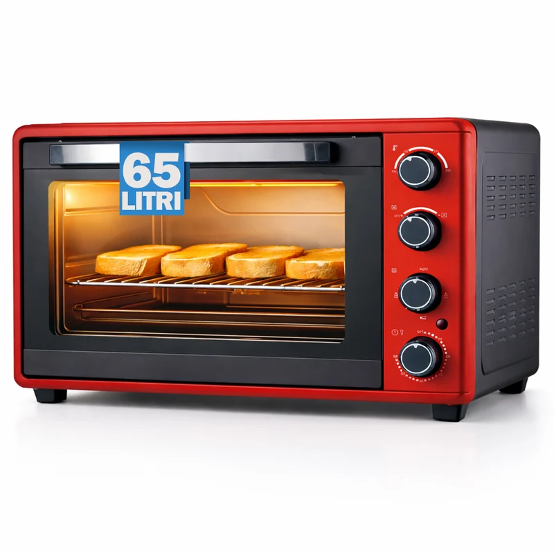 Forno Elettrico Ventilato 65L Rosso 2000W con Teglia e Griglia 4 Livelli Cottura