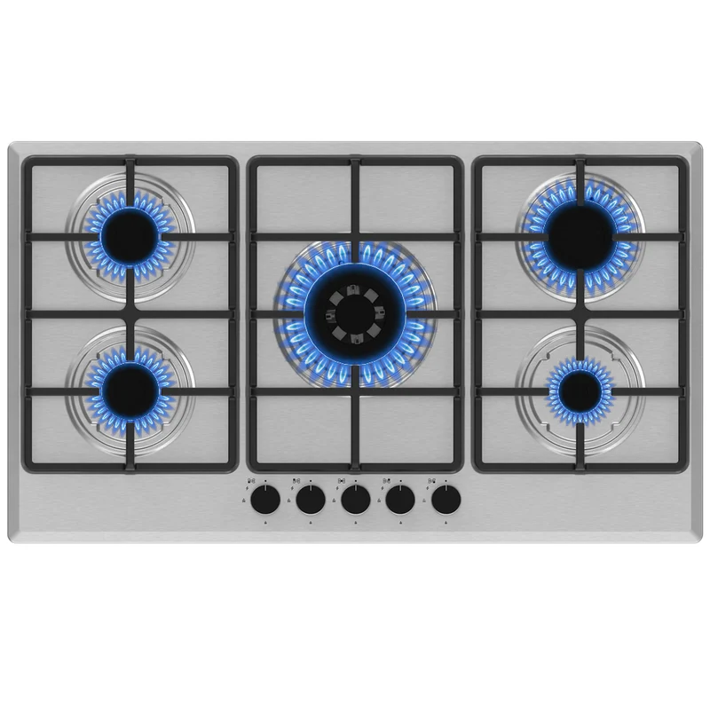 Piano Cottura 5 Fuochi Gas da Incasso 90x55cm in Acciaio Inox e Ghisa per Cucina