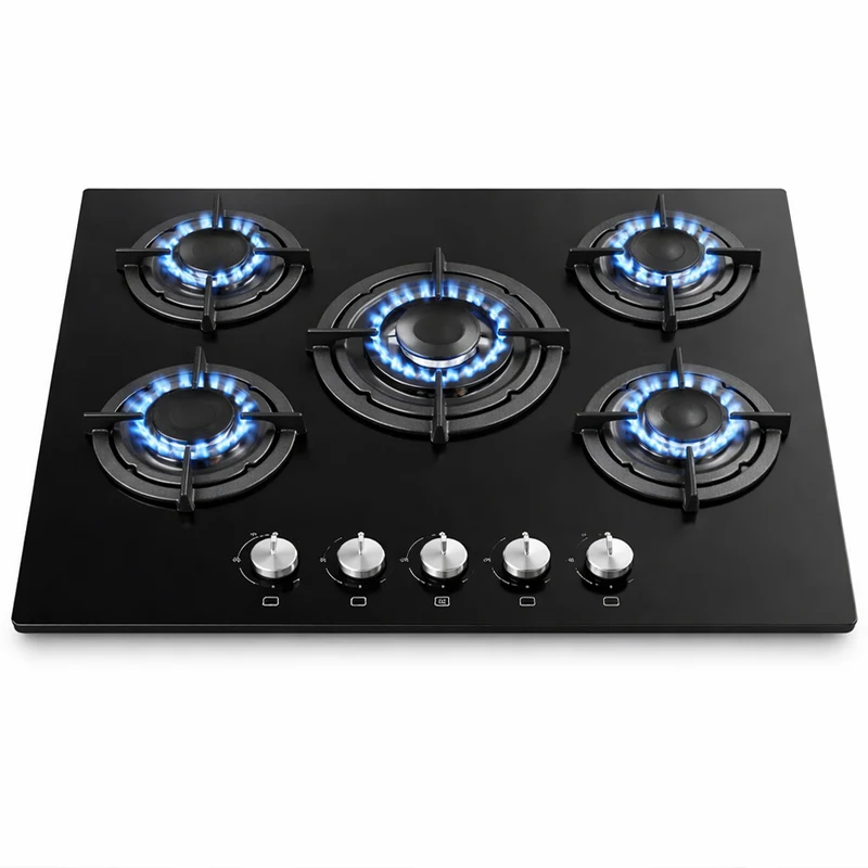 Piano Cottura in Vetroceramica Nero 5 Fuochi Ghisa Bruciatore a Incasso in Vetro