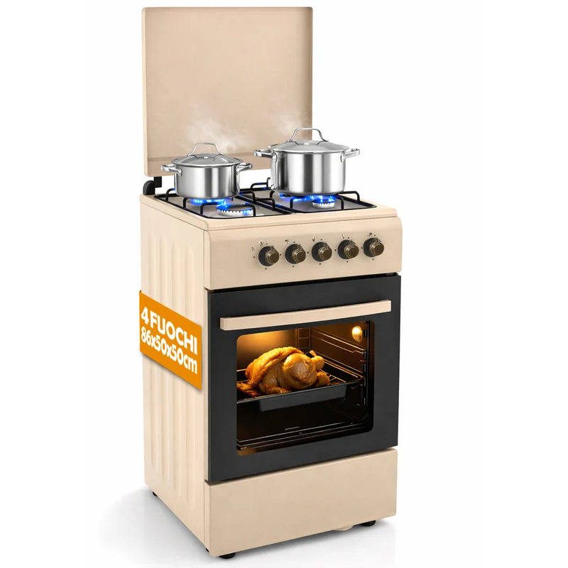 Cucina a Gas Piano Cottura a 4 Fuochi da Esterno Forno Cucinino Beige 86x50cm